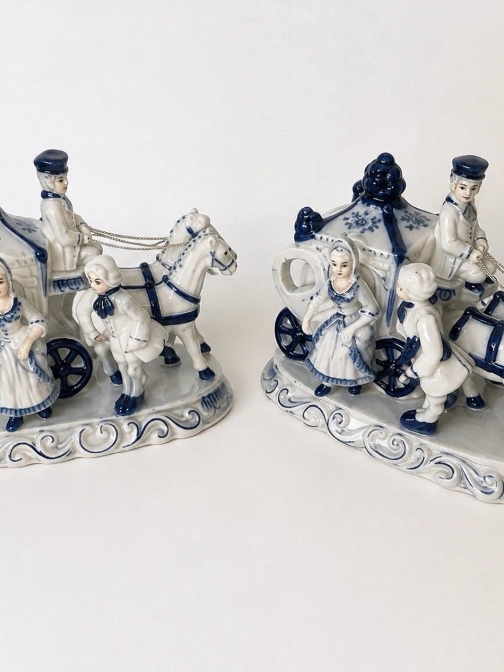 Vintage Blue White Porcelain Horse Carriage Figurines Made in Japan Pair
